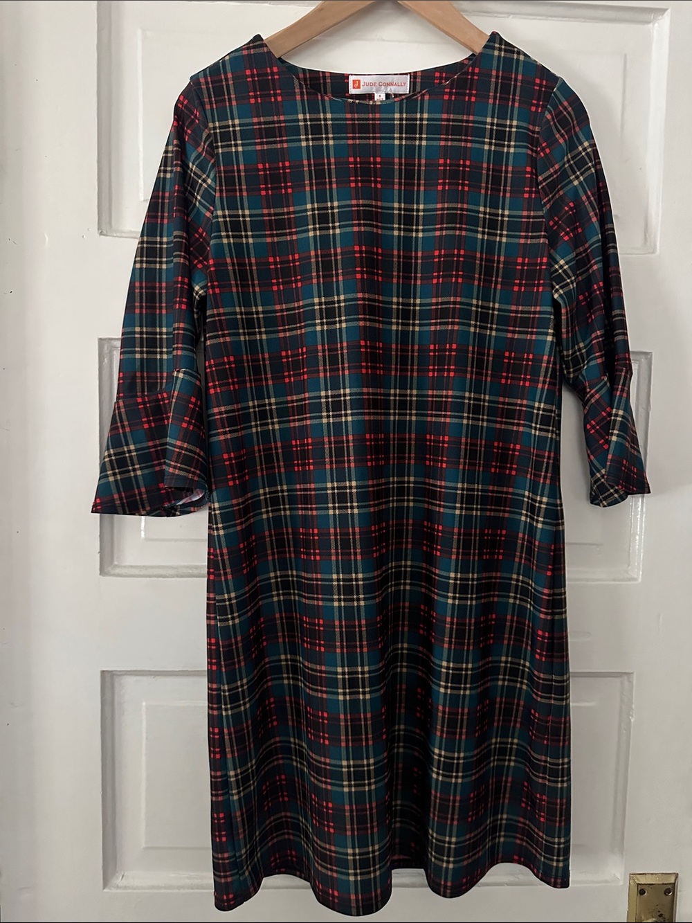 Jude Connally Plaid Shift Dress in Green, Red & Cream